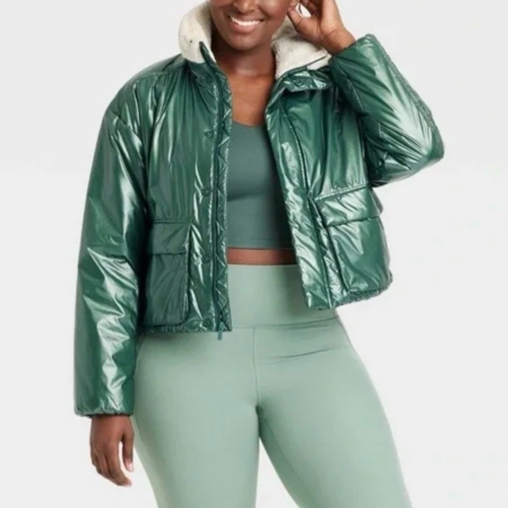 All in Motion Women’s Hooded Jacket Green Full Zip Sherpa Lined Size L NWT